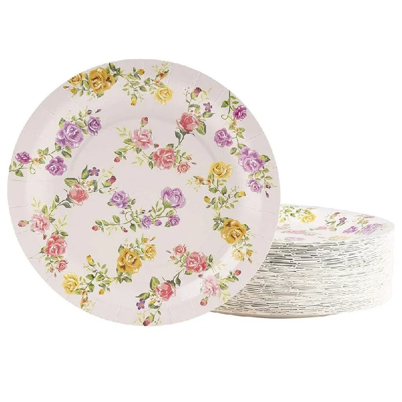 modern dinner plates for modern kitchens -80-Count Disposable Paper Plates, Vintage Rose Flowers Print, 9 Inches