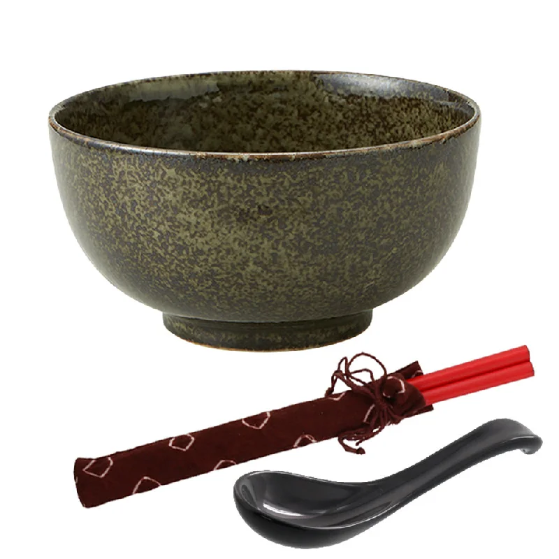 modern plastic dinnerware sets -Dark Green Multi-Purpose Donburi Bowl with Chopsticks and Soup Spoon - Large