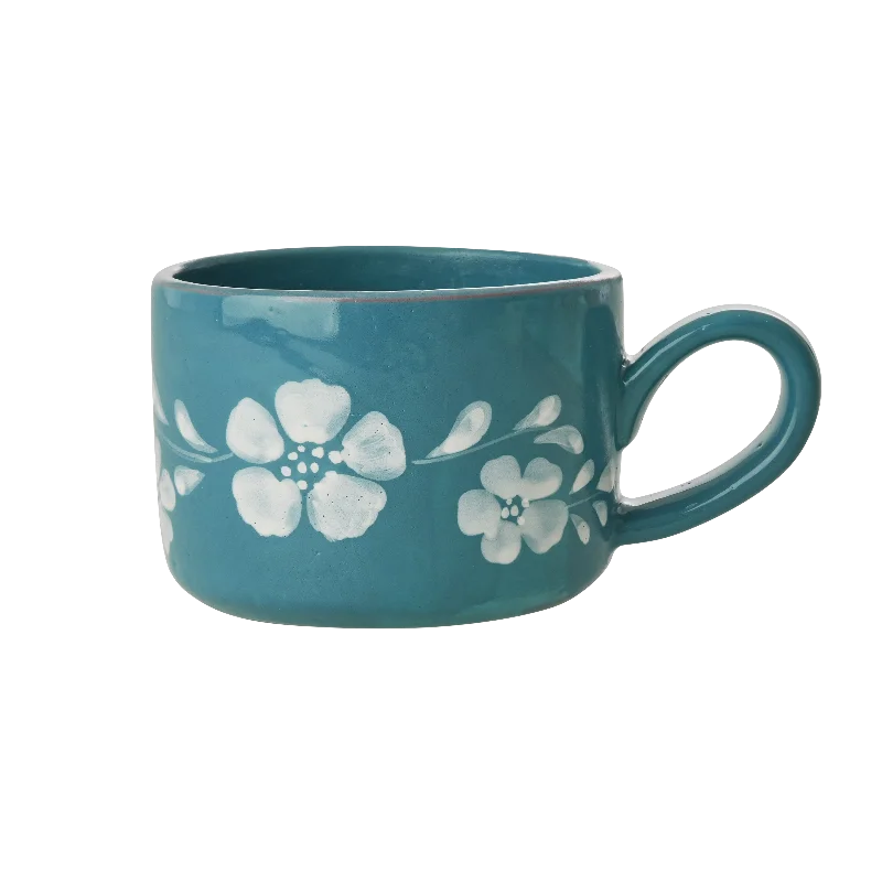 eco friendly personalized mugs for work -Ceramic Cappuccino Cup with Hand Painted White Flowers Vine - 6.7 oz