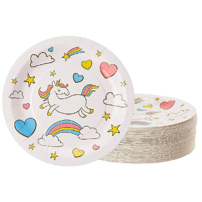 luxury crystal drinkware -80-Count Disposable Paper Plates, Unicorn and Rainbow Illustrations Design, 9 In