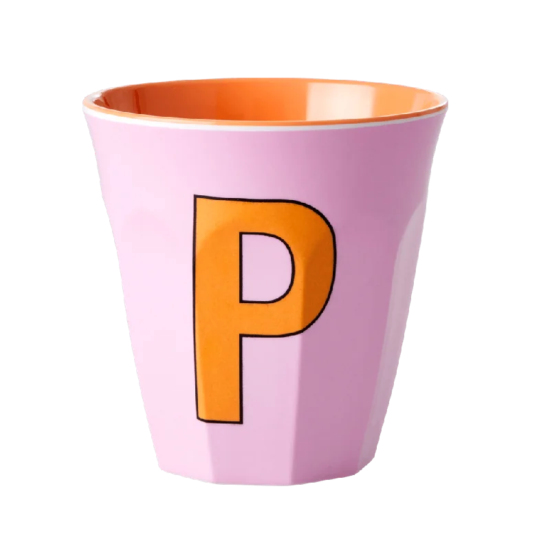 ceramic coffee mugs with fun designs -Two Melamine Cups - Medium with Alphabet in Pinkish Colors | Letter P