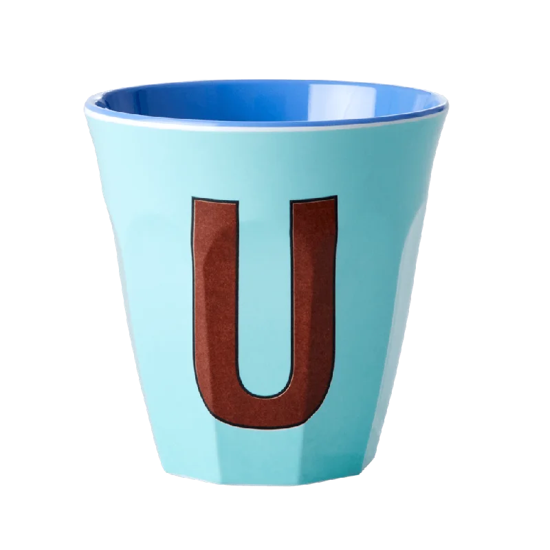 insulated travel mugs with handle and straw -Melamine Cup - Medium with Alphabet in Bluish Colors | Letter U