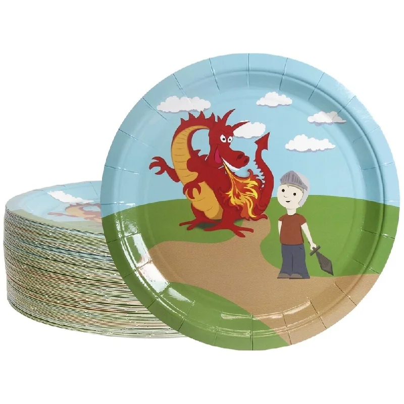 dinnerware for holiday dinners -80-Count Dragon and Warrior Paper Disposable Plates for Kids Boys Birthday Party