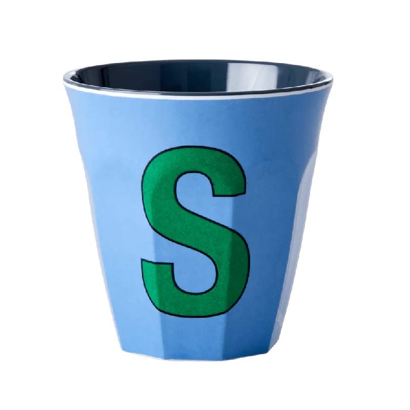 travel coffee cups for tea -Two Melamine Cups - Medium with Alphabet in Bluish Colors | Letter S