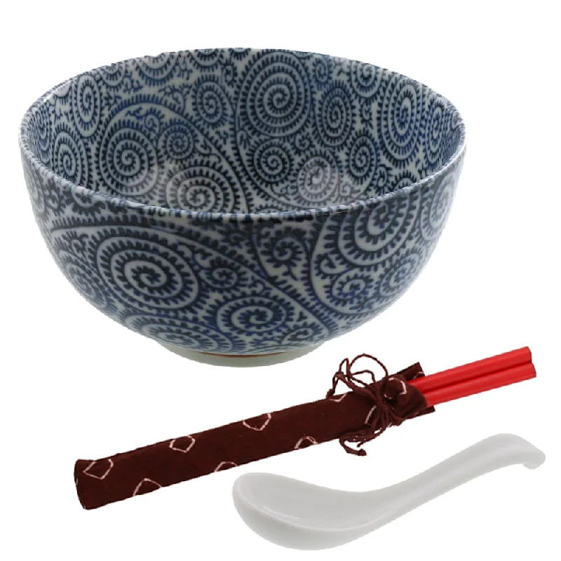 modern stainless steel serving spoons -Blue Multi-Purpose Donburi Bowl with Chopsticks and Soup Spoon - Large