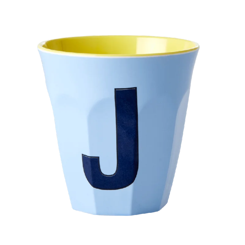 personalized travel mugs for gifts -Two Melamine Cups - Medium with Alphabet in Bluish Colors | Letter J