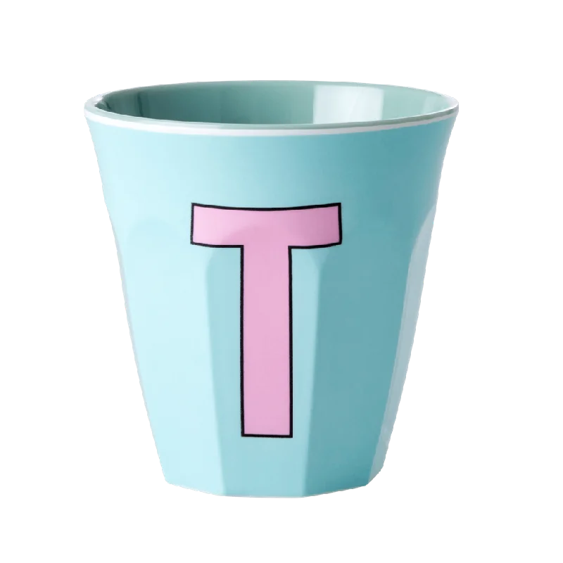 custom coffee cups with logo for gifts -Two Melamine Cups - Medium with Alphabet in Pinkish Colors | Letter T