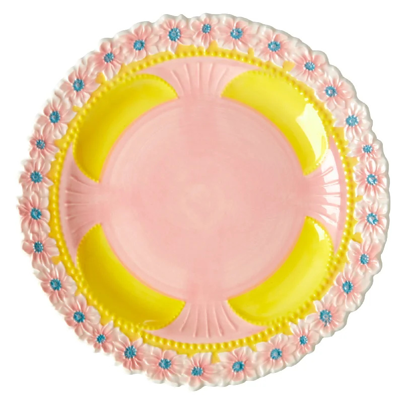 lightweight porcelain dinnerware -Rice DK Ceramic Dinner Plate with Embossed Flower Design - Yellow