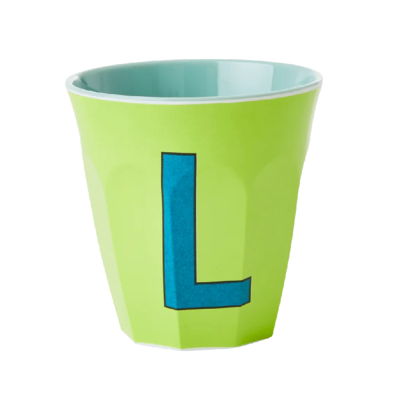 stainless steel mugs with custom designs -Two Melamine Cups - Medium with Alphabet in Bluish Colors | Letter L