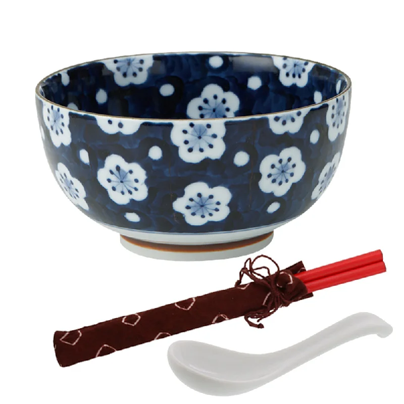 eco-friendly wooden cutlery sets -Blue Plum Flower Design Multi-Purpose Donburi Bowl with Chopsticks and Soup Spoon - Large