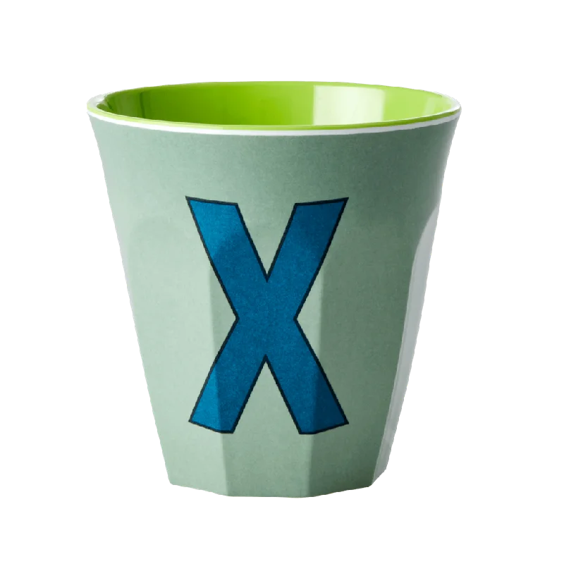 large coffee mugs with custom names -Two Melamine Cups - Medium with Alphabet in Bluish Colors | Letter X