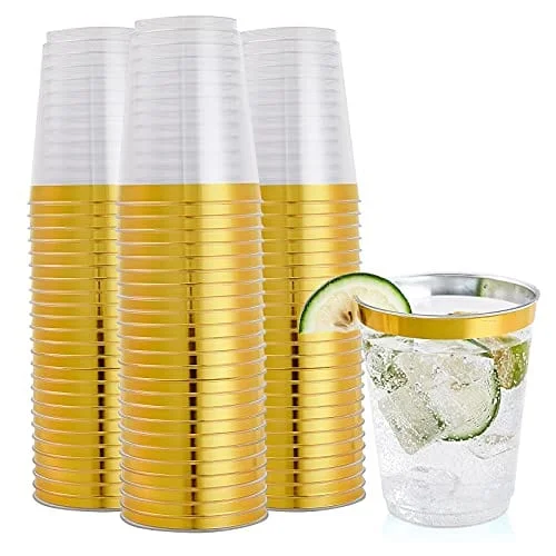 custom coffee cups for promotional use -FOCUSLINE 100 Pack Gold Rimmed Plastic Cups 10oz Clear Plastic Cups Tumblers, Fancy Disposable Hard Plastic Cups with Gold Rim for Wedding Cups Elegant Party Cups