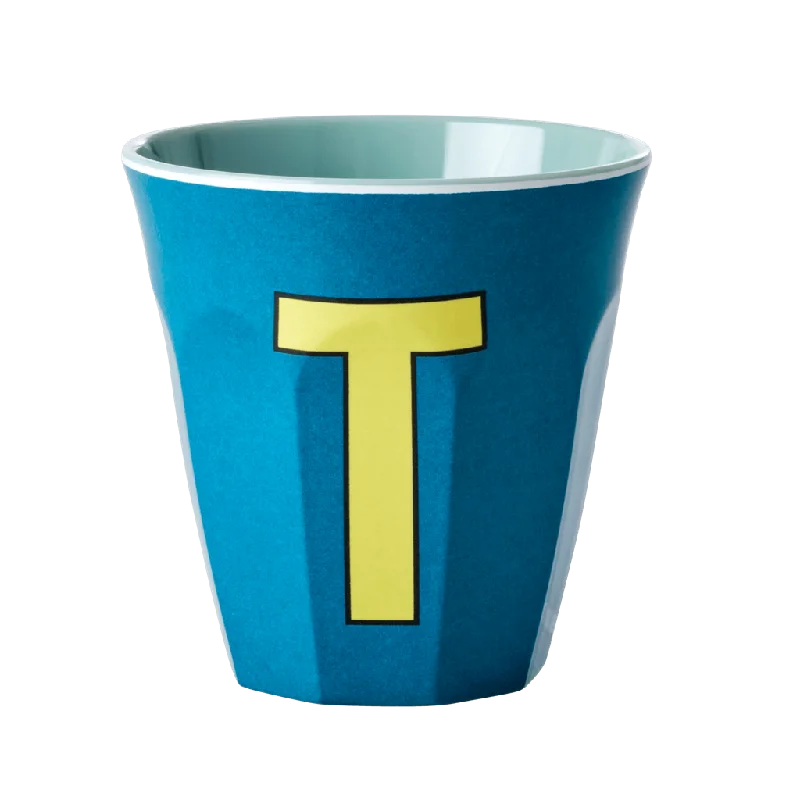 stylish coffee tumblers with lid -Two Melamine Cups - Medium with Alphabet in Bluish Colors | Letter T (Copy)