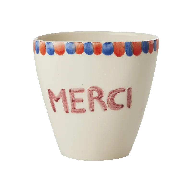 funny coffee cups with pictures -Ceramic Oval Cup with Hand Painted Merci - 10.1 oz