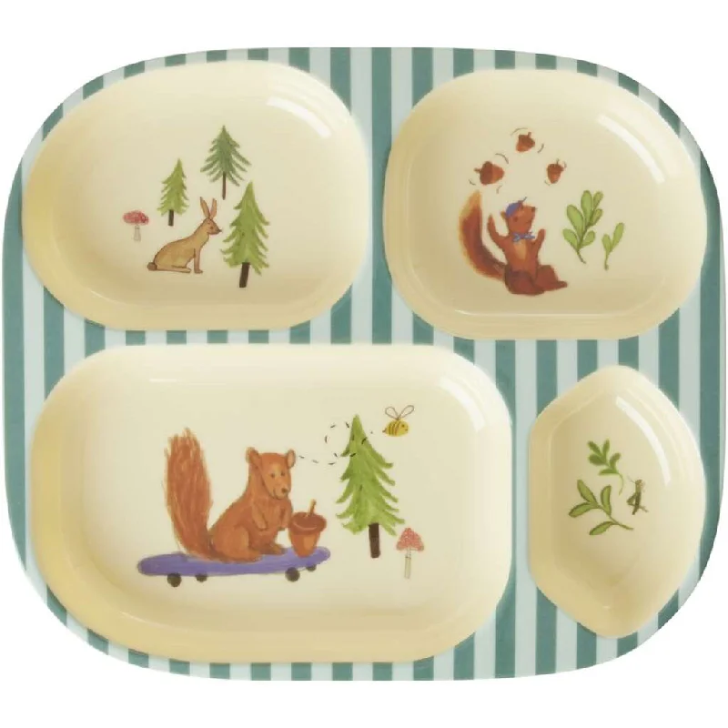 child-safe dinnerware sets -Rice DK Melamine Kids 4 Room Plate with Blue Happy Forest Print