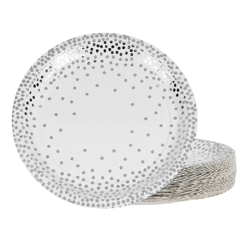 heavy-duty camping plates -48-Count Metallic Silver Polka Dot Disposable Plates for Birthday Party, 9-inch