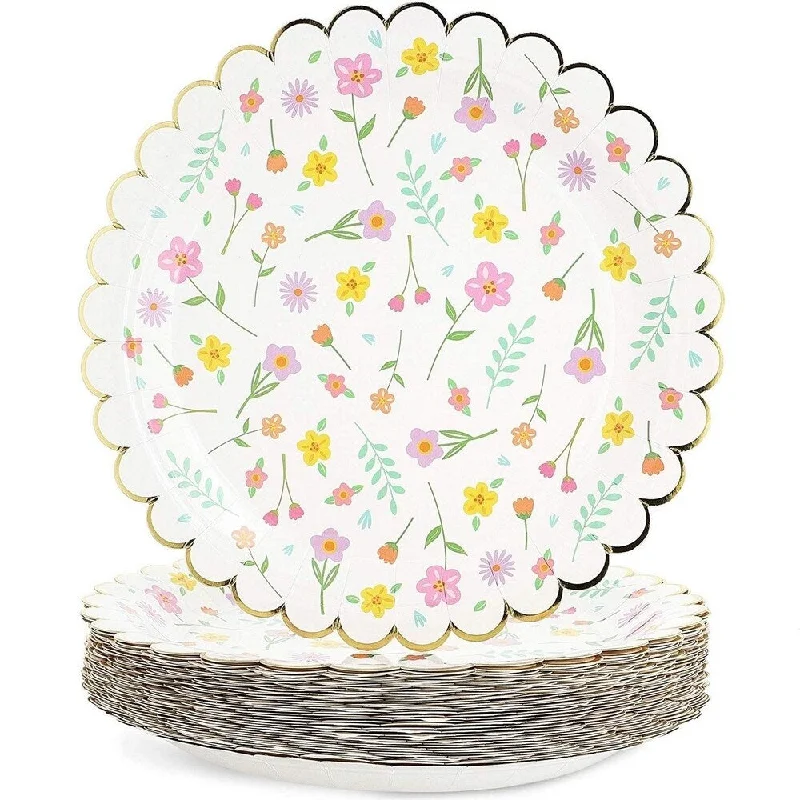 stackable dinnerware for small spaces -48x Floral Flower Party Paper Plates with Scalloped Gold Foil Edge, 9 Inches