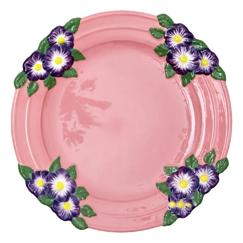 kids dinnerware sets with animal designs -Rice DK Ceramic Dinner Plate with Embossed Flower Design - Pink