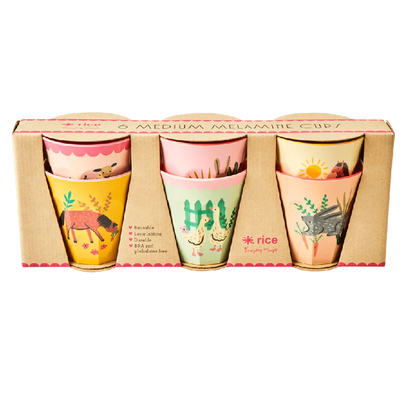 best mugs for hot beverages -Melamine Kids Cups in Pink Farm Prints - Medium - 6 pcs. in Gift Box