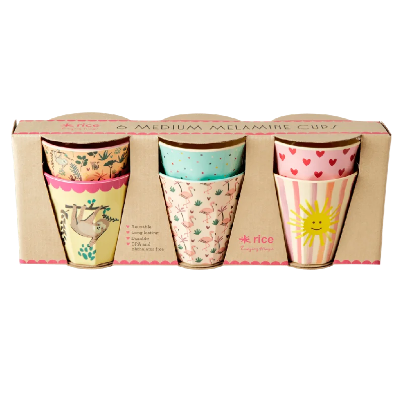 glass tea mugs with lid -Melamine Kids Cups in Asst. Funky Prints - Medium - 6 pcs. in Gift Box