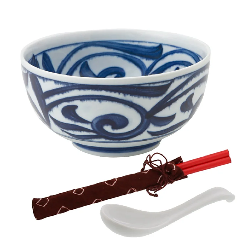 lightweight porcelain dinnerware -Blue and White Multi-Purpose Donburi Bowl with Chopsticks and Soup Spoon - Large