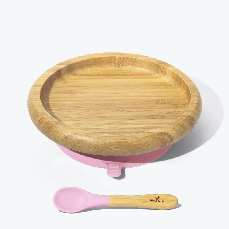 rustic-style dinner plates -Avanchy Bamboo Suction Baby Plate + Spoon - Pink