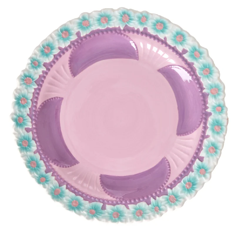 biodegradable serving bowls -Rice DK Ceramic Dinner Plate with Embossed Flower Design - Lavender