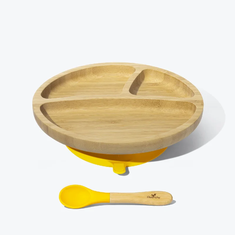 kids reusable plastic dinner plates -Avanchy Bamboo Suction Toddler Plate + Spoon - Yellow