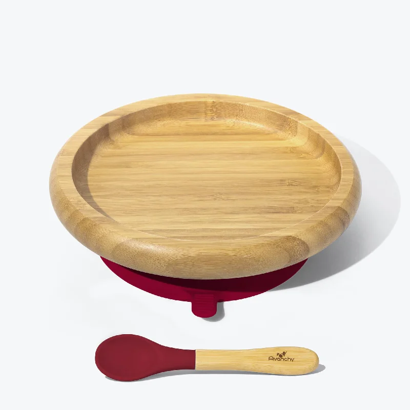 modern wooden serving trays -Avanchy Bamboo Suction Baby Plate + Spoon - Magenta