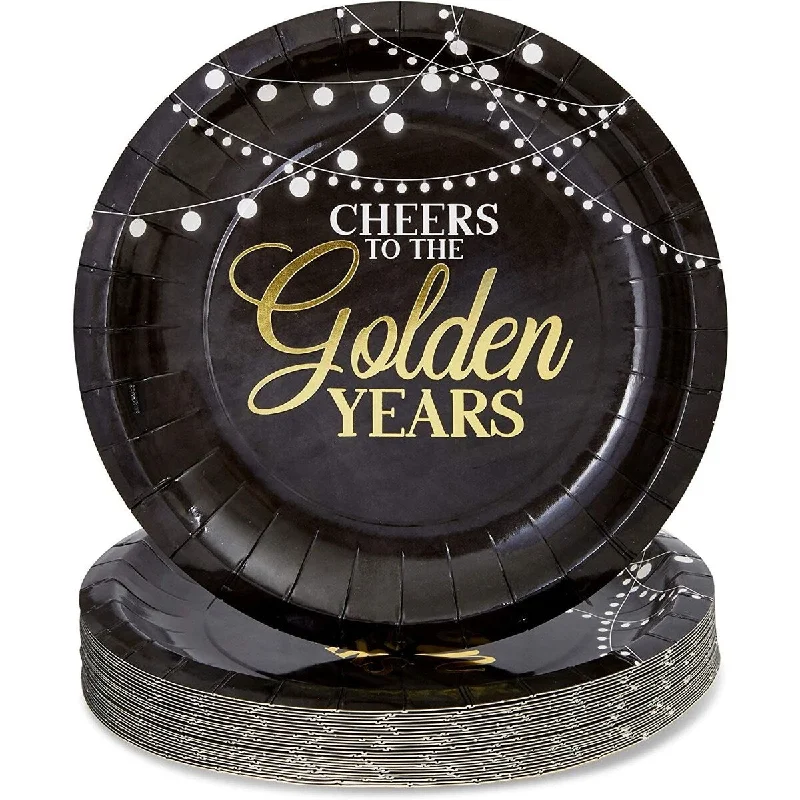 stackable plastic dinner plates -Retirement Party Paper Plates, Cheers to the Golden Years (7 In, Gold Foil, 48 Pack)