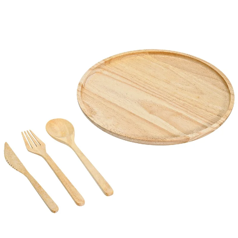 fine china dinner plates for events -Handmade Unique Circle Shaped Plate and Utensils Natural Rubber Tree Wood 4pcs (Thailand)