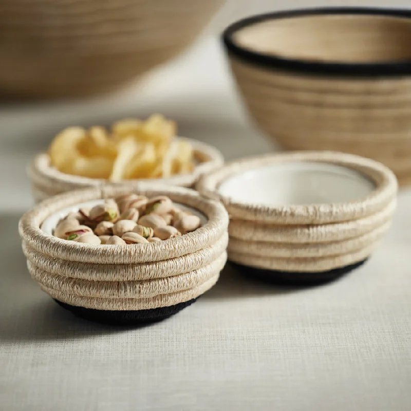 high-end wooden serving trays -Martigues Coiled Abaca 3 Section Condiment Bowl - Natural / Black Base