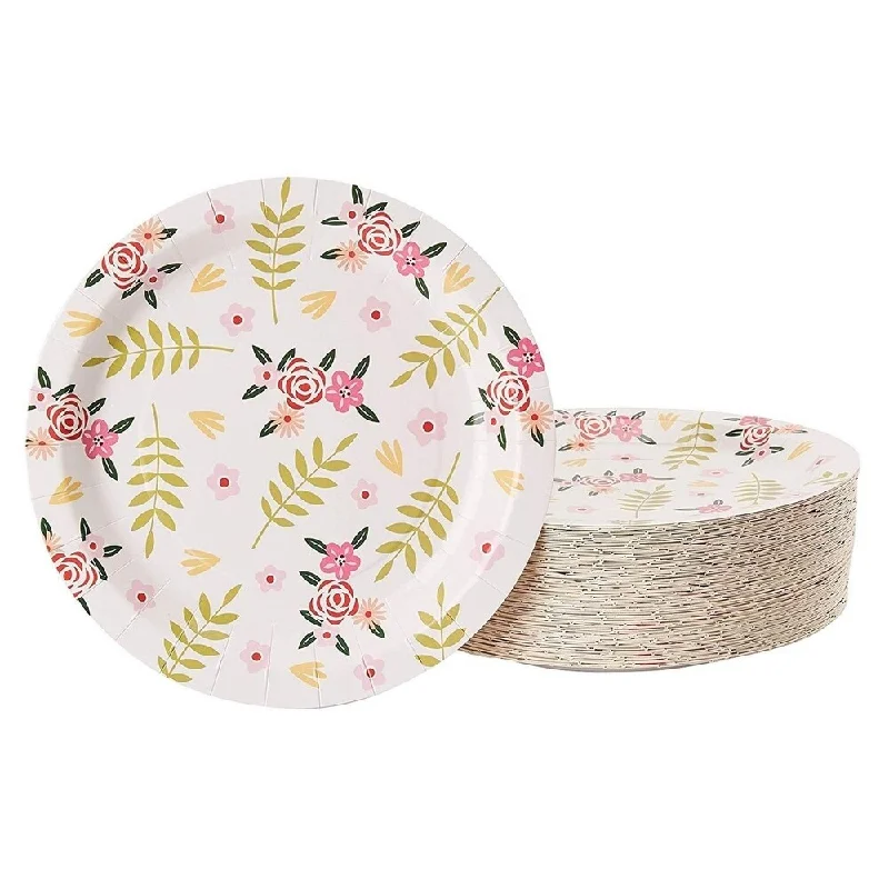 vintage-style bamboo dinnerware -80-Pack Disposable Plates, Floral Themed Party Supplies, Pink Rose Design, 9"