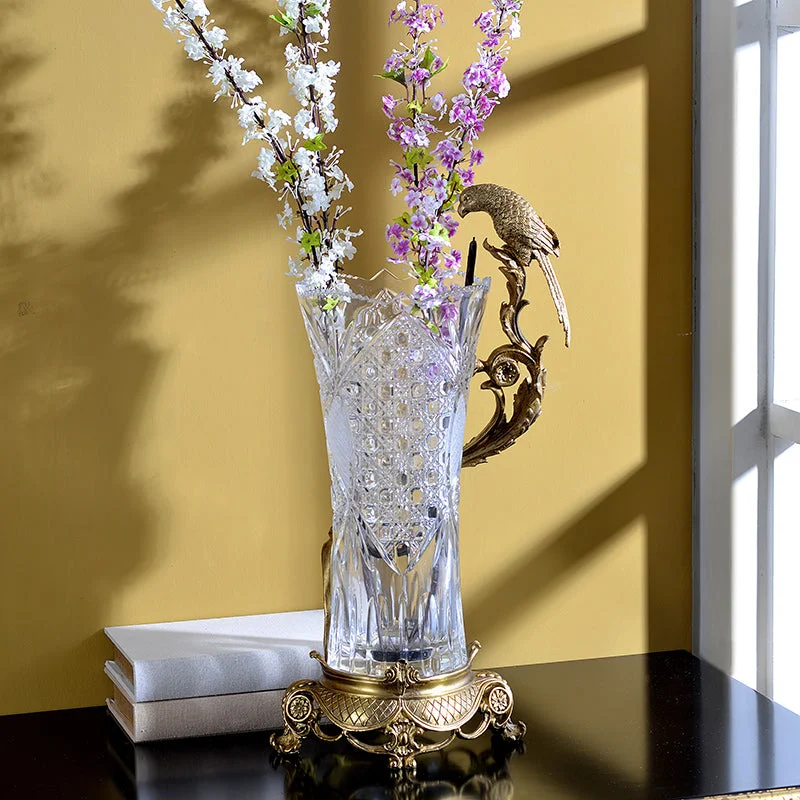 hand-painted wooden flower vase for gift -Gilt Bronze Crystal Flower Vase with Bird Standing