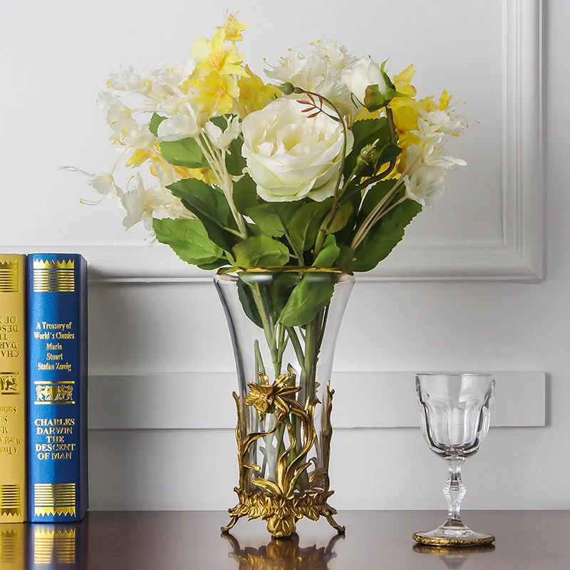 floral centerpiece vase for wedding -Gilt Bronze Crystal Flower Vase Centerpiece