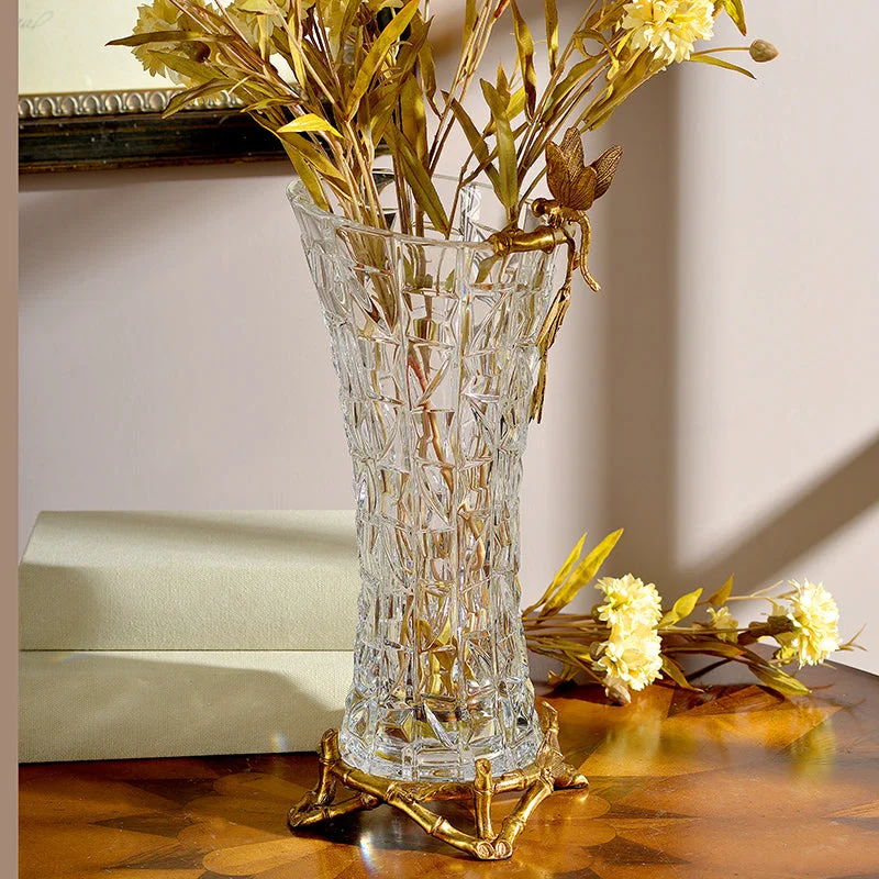 creative handmade flower vase for home decor -Gilt Bronze Crystal Vase with Butterfly Standing