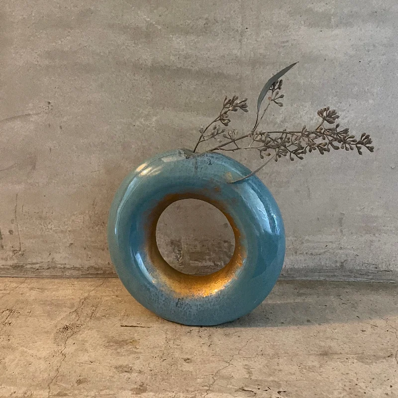 unique tall flower vase for floral displays -Donut vase in Blue and Gold