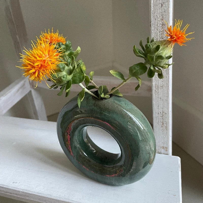 creative tall flower vase for wedding -Donut vase in marbled Copper Green and White