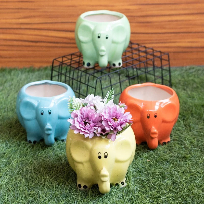 colorful decorative flower vase for home -Cute Elephant Planter - Hand Painted Mini Resin Pot