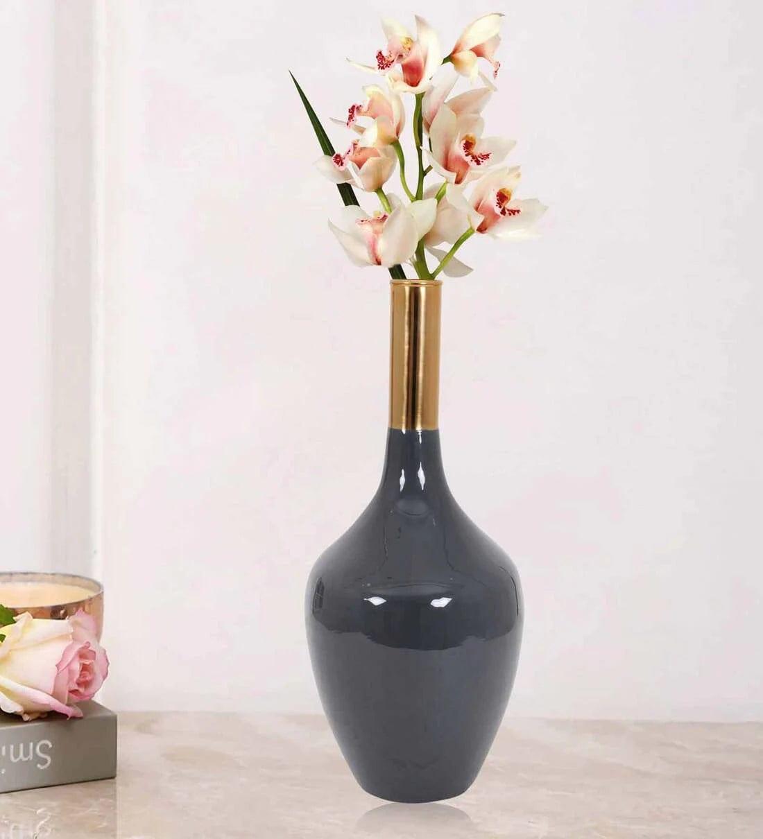 modern wooden flower vase -Deidra Dim Grey Brass Table Vase,