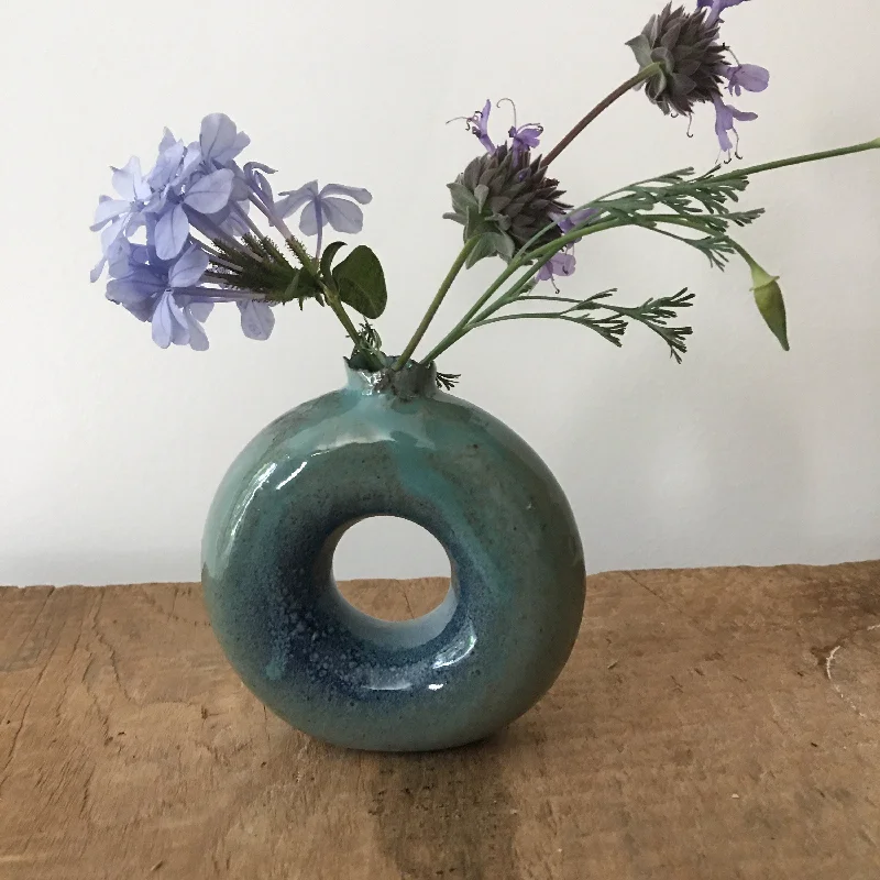 tall decorative ceramic flower vase -Donut vase in light and dark Blue