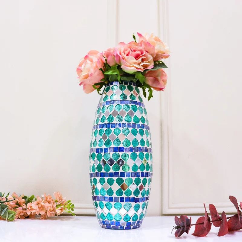 handmade glass flower jar for wedding -Glass & Teal Mosaic Flower Vase