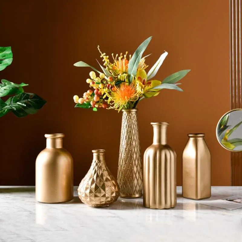 elegant geometric flower vase for home decor -Golden Glass Vase