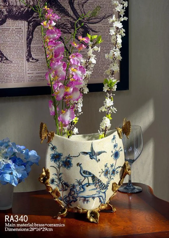 luxury ceramic flower vase -Golden Peacock Low Vase