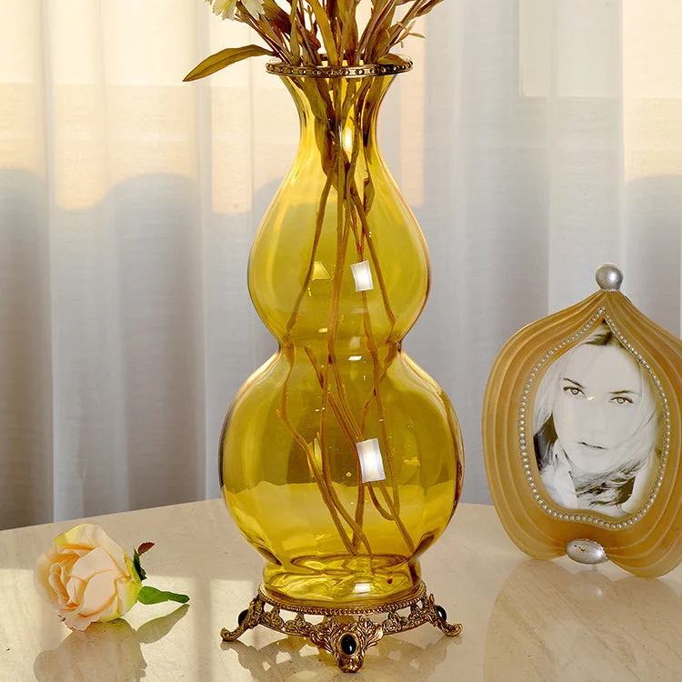 artistic handmade flower jar for table -Gourd Brass Crystal Flower Vase