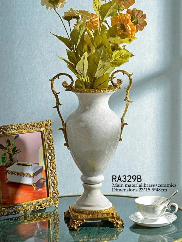 large crystal flower vase with geometric design -Handmade Porcelain Bronze White Centerpiece Craft