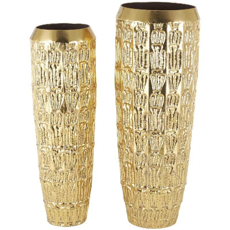 modern hand-blown crystal flower vase -Metal Tall Decorative Vase with Grooved Patterns - Set of 2 Gold - Roche River Decor