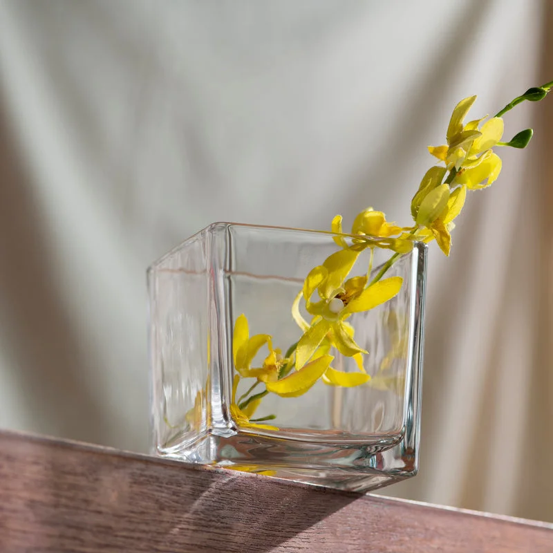 crystal vase with modern floral design -Minimalist Square Clear Glass Vase