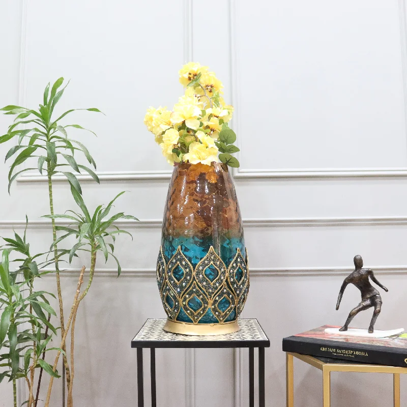 large hand-painted flower vase for home -Peacock Glass Metalic Mosaic Vase