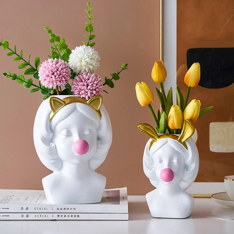 artistic handmade flower jar for table -Resin Human Face Vase